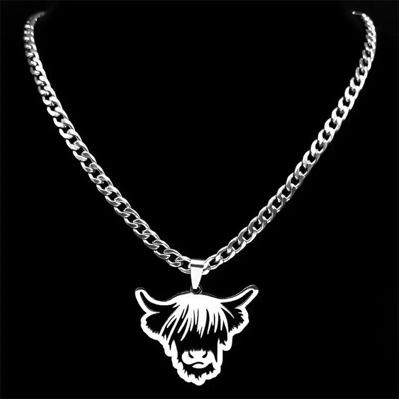 Nordic Highland Cattle Cow Pendant Necklace Stainless Steel Silver Color Animal Necklaces Jewelry Gifts - 60cm 23.6
