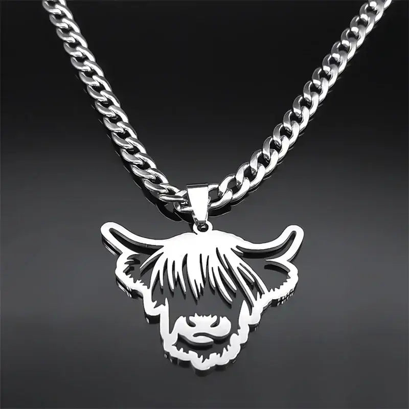 Nordic Highland Cattle Cow Pendant Necklace Stainless Steel Silver Color Animal Necklaces Jewelry Gifts - 60cm 23.6