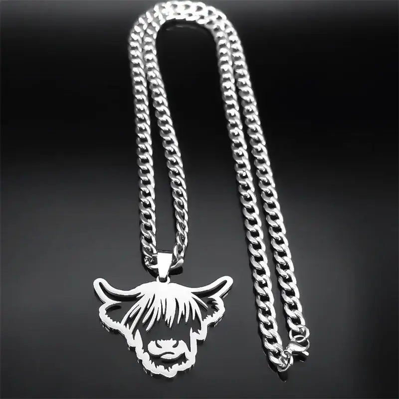 Nordic Highland Cattle Cow Pendant Necklace Stainless Steel Silver Color Animal Necklaces Jewelry Gifts - 60cm 23.6