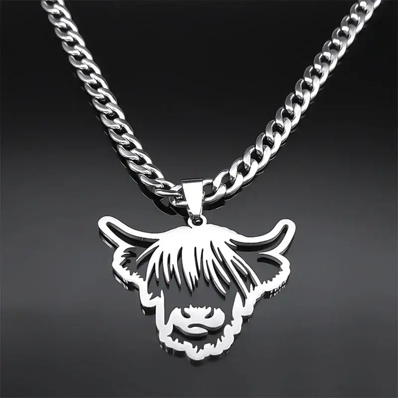Nordic Highland Cattle Cow Pendant Necklace Stainless Steel Silver Color Animal Necklaces Jewelry Gifts - 60cm 23.6