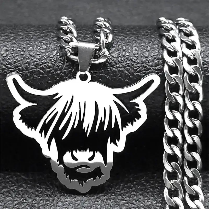 Nordic Highland Cattle Cow Pendant Necklace Stainless Steel Silver Color Animal Necklaces Jewelry Gifts - 60cm 23.6