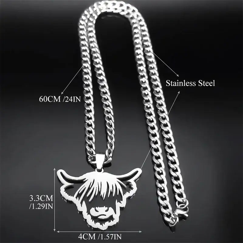 Nordic Highland Cattle Cow Pendant Necklace Stainless Steel Silver Color Animal Necklaces Jewelry Gifts - 60cm 23.6