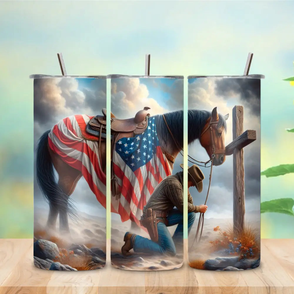Patriotic Praying Cowboy American Flag Skinny Tumbler Cowboy Gift Ideas Patriotic Gifts - Glossy / Glitter Black / 20oz