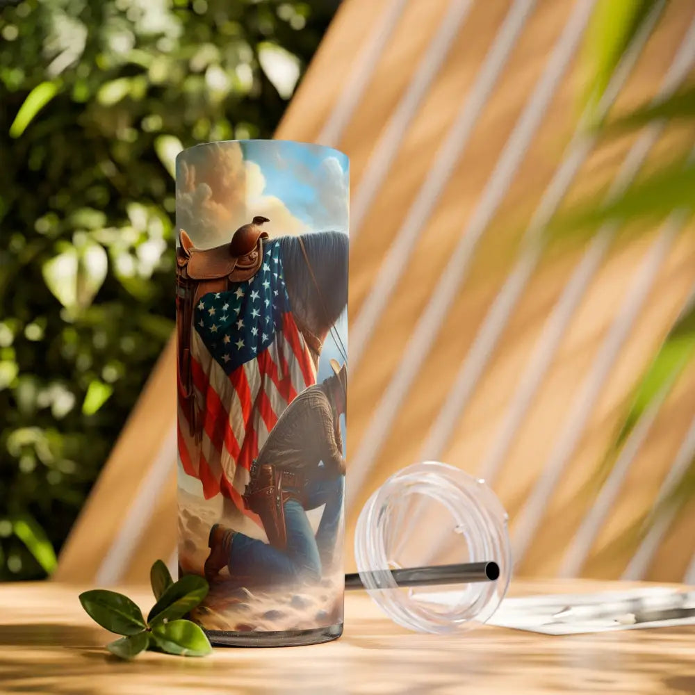 Patriotic Praying Cowboy American Flag Skinny Tumbler Cowboy Gift Ideas Patriotic Gifts - Glossy / Glitter Black / 20oz