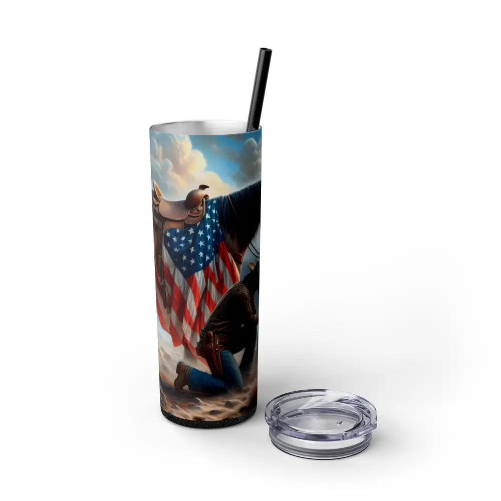 Patriotic Praying Cowboy American Flag Skinny Tumbler Cowboy Gift Ideas Patriotic Gifts - Glossy / Glitter Black / 20oz