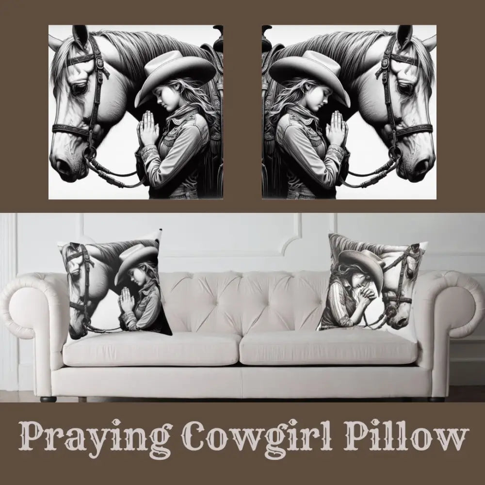 Praying Cowgirl Pillow Barrel Racer Western Decor Gift or Horse Lover Gifts for Her Polyester Pillow 14 x 14 - 14’’ ×
