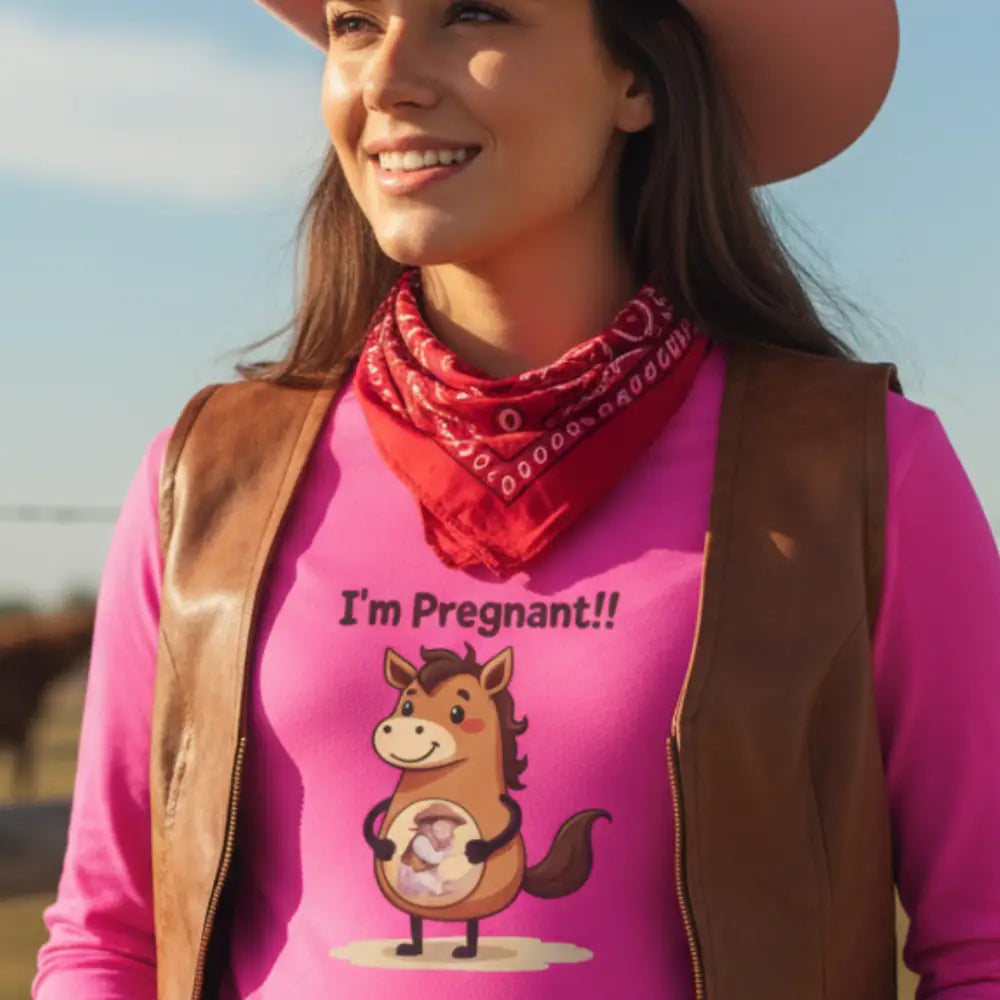 Pregnant Horse Cartoon Long Sleeve Tee Horse Humor Shirt Cowgirl Maternity Gifts - Long-sleeve