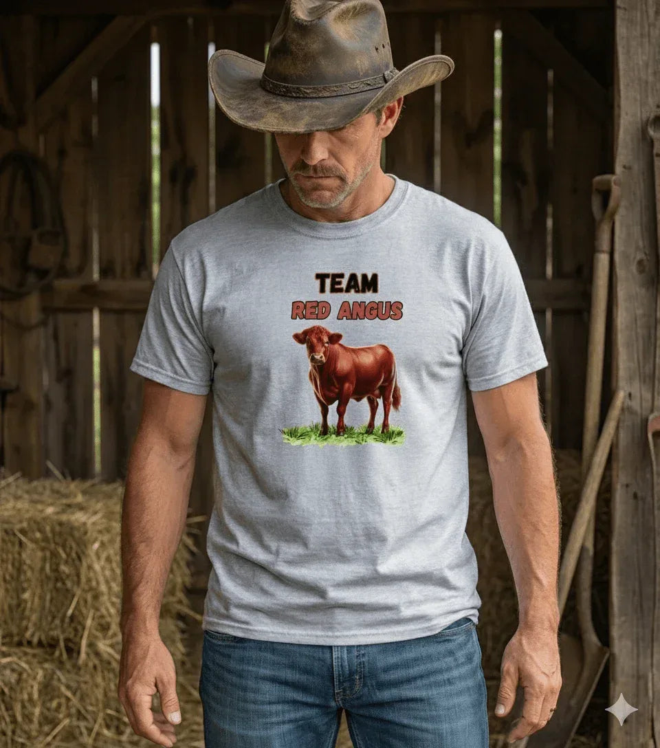 Man wearing a Red Angus T-Shirt featuring a Red Angus illustration and the text 'TEAM RED ANGUS'.
