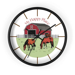 Rustic Horse Barn Wall Clock for Horse Lovers - My Happy Place 10 x 10 inches - Black Base - Home Decor