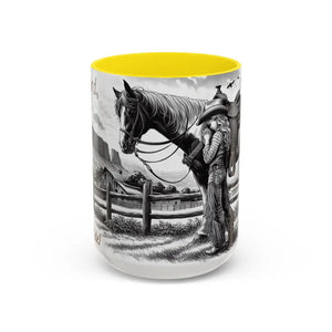 Rustic Young Praying Cowgirl Beverage Mug - Perfect Gift for Equestrian Enthusiasts 15oz - 15oz / Yellow - Mugs