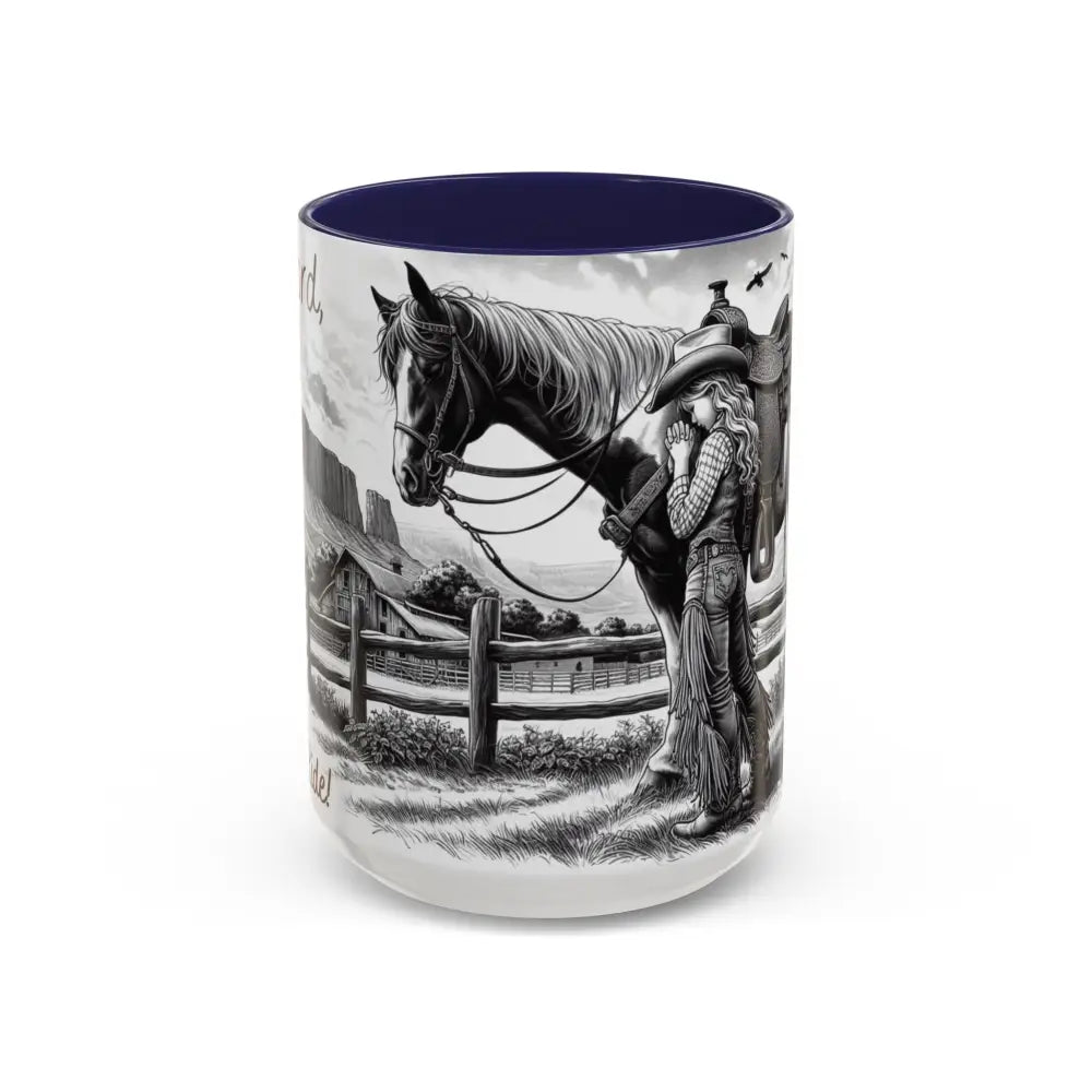 Rustic Young Praying Cowgirl Beverage Mug - Perfect Gift for Equestrian Enthusiasts 15oz - 15oz / Navy - Mugs