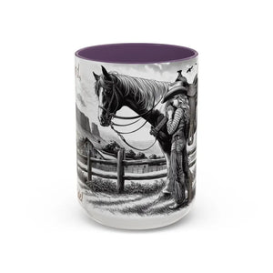 Rustic Young Praying Cowgirl Beverage Mug - Perfect Gift for Equestrian Enthusiasts 15oz - 15oz / Purple - Mugs
