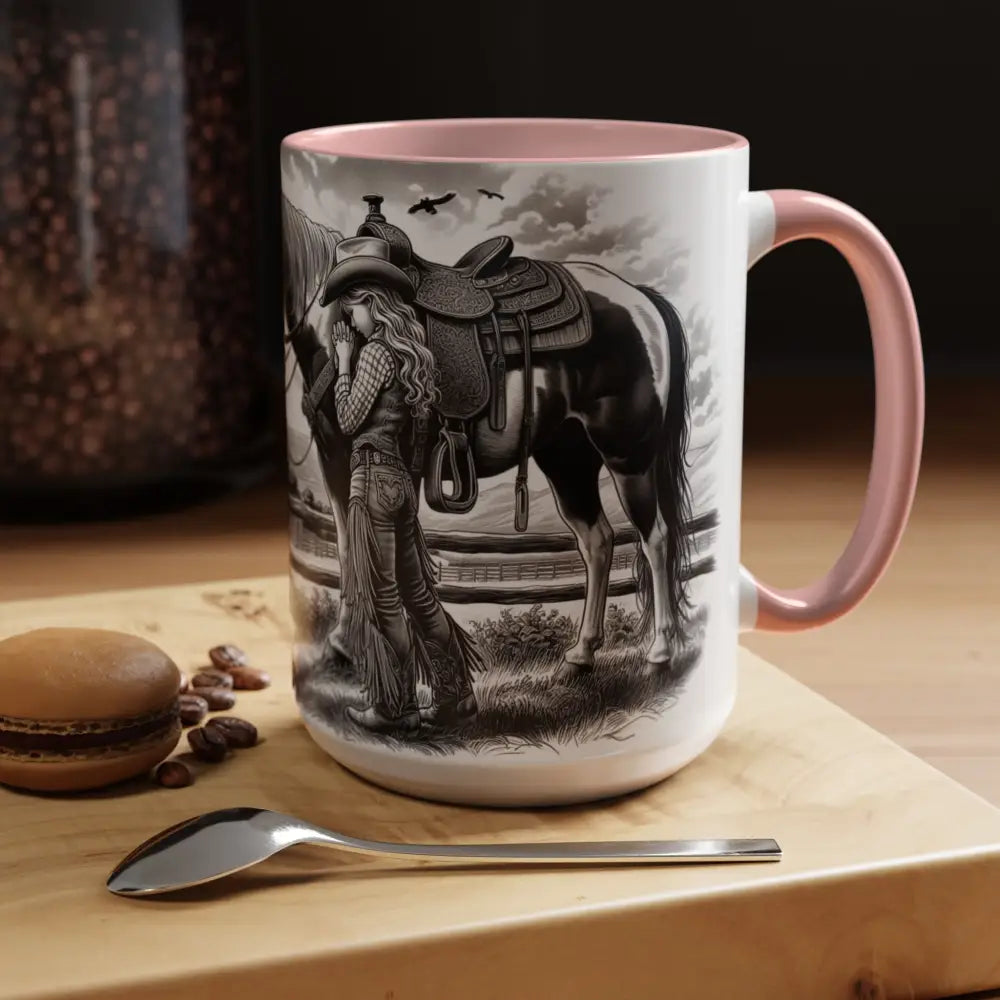 Rustic Young Praying Cowgirl Beverage Mug - Perfect Gift for Equestrian Enthusiasts 15oz - Mugs