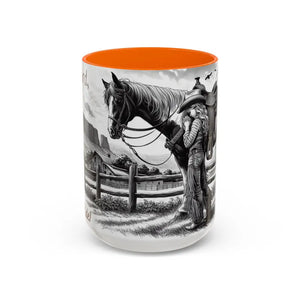 Rustic Young Praying Cowgirl Beverage Mug - Perfect Gift for Equestrian Enthusiasts 15oz - 15oz / Orange - Mugs