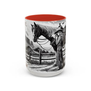 Rustic Young Praying Cowgirl Beverage Mug - Perfect Gift for Equestrian Enthusiasts 15oz - 15oz / Red - Mugs