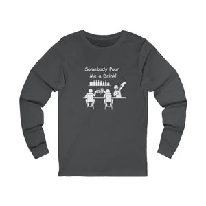 Charcoal gray unisex jersey long sleeve tee with chess graphic and drink text, perfect party gift