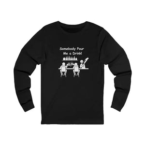 Black long-sleeve unisex jersey tee with bar drink graphic, perfect party gift