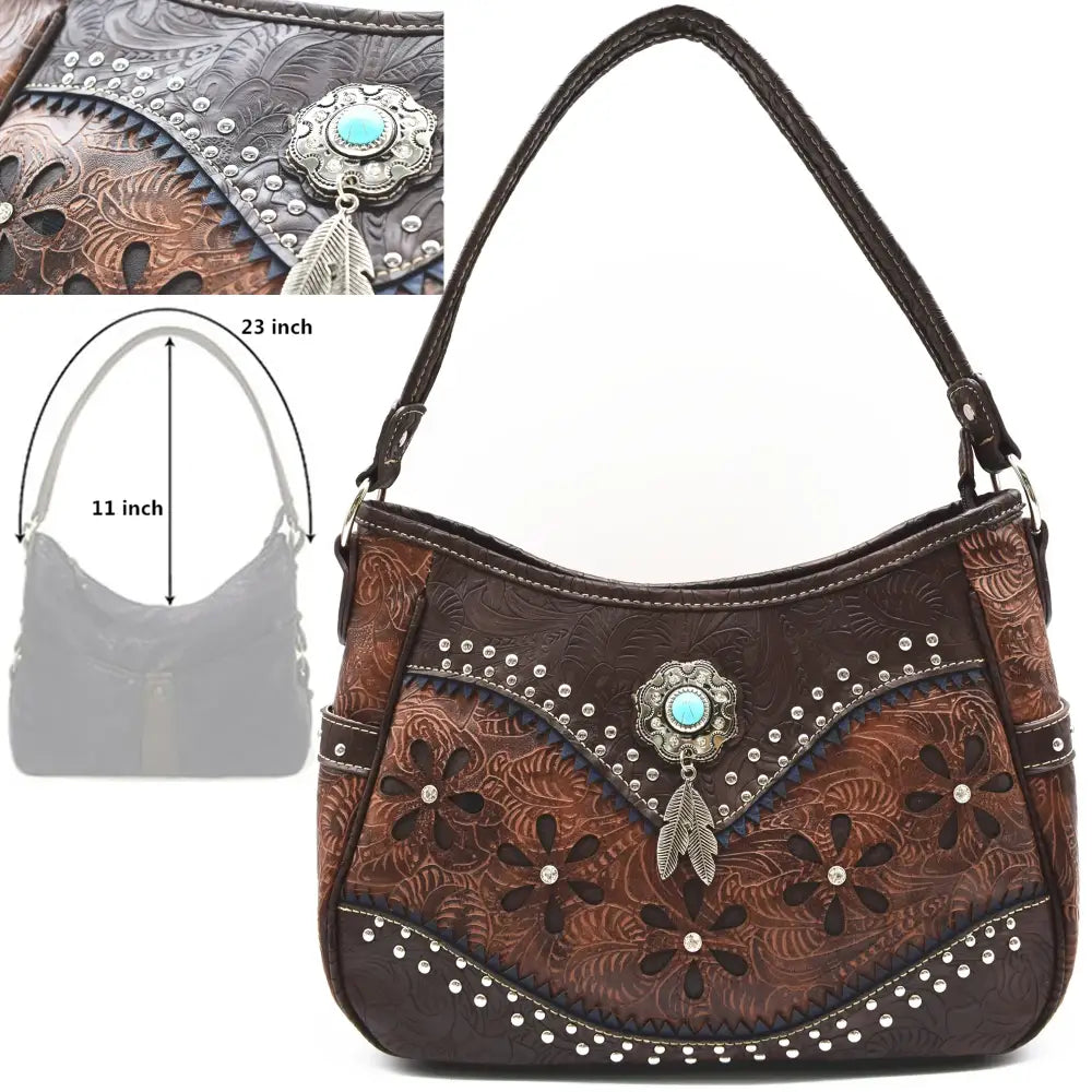 Western Handbag Wallet Set Tooled PU Letter Handbag Shoulder Purse with Studs - Bags