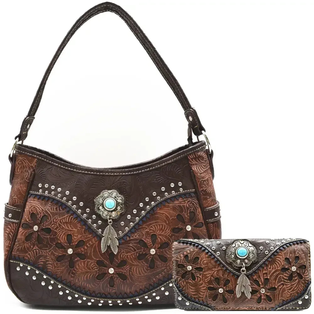 Western Handbag Wallet Set, Tooled Leather Shoulder Purse with Studs - The Best New Thing