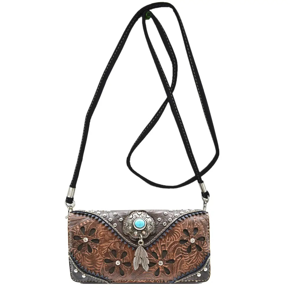 Western Handbag Wallet Set Tooled PU Letter Handbag Shoulder Purse with Studs - Bags