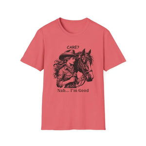 Trending Unique Gifts Horse T-Shirt - Soft Style Shirt Gift for Women Care? Nah I’m Good - S / Coral Silk - T-Shirt