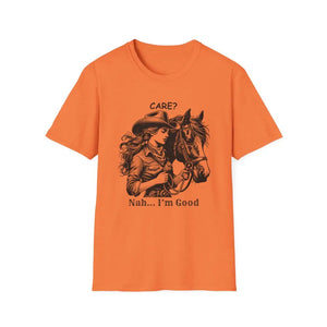 Trending Unique Gifts Horse T-Shirt - Soft Style Shirt Gift for Women Care? Nah I’m Good - S / Heather Orange - T-Shirt