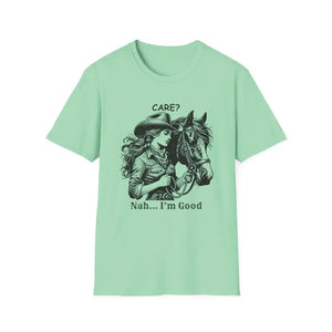 Trending Unique Gifts Horse T-Shirt - Soft Style Shirt Gift for Women Care? Nah I’m Good - S / Mint Green - T-Shirt