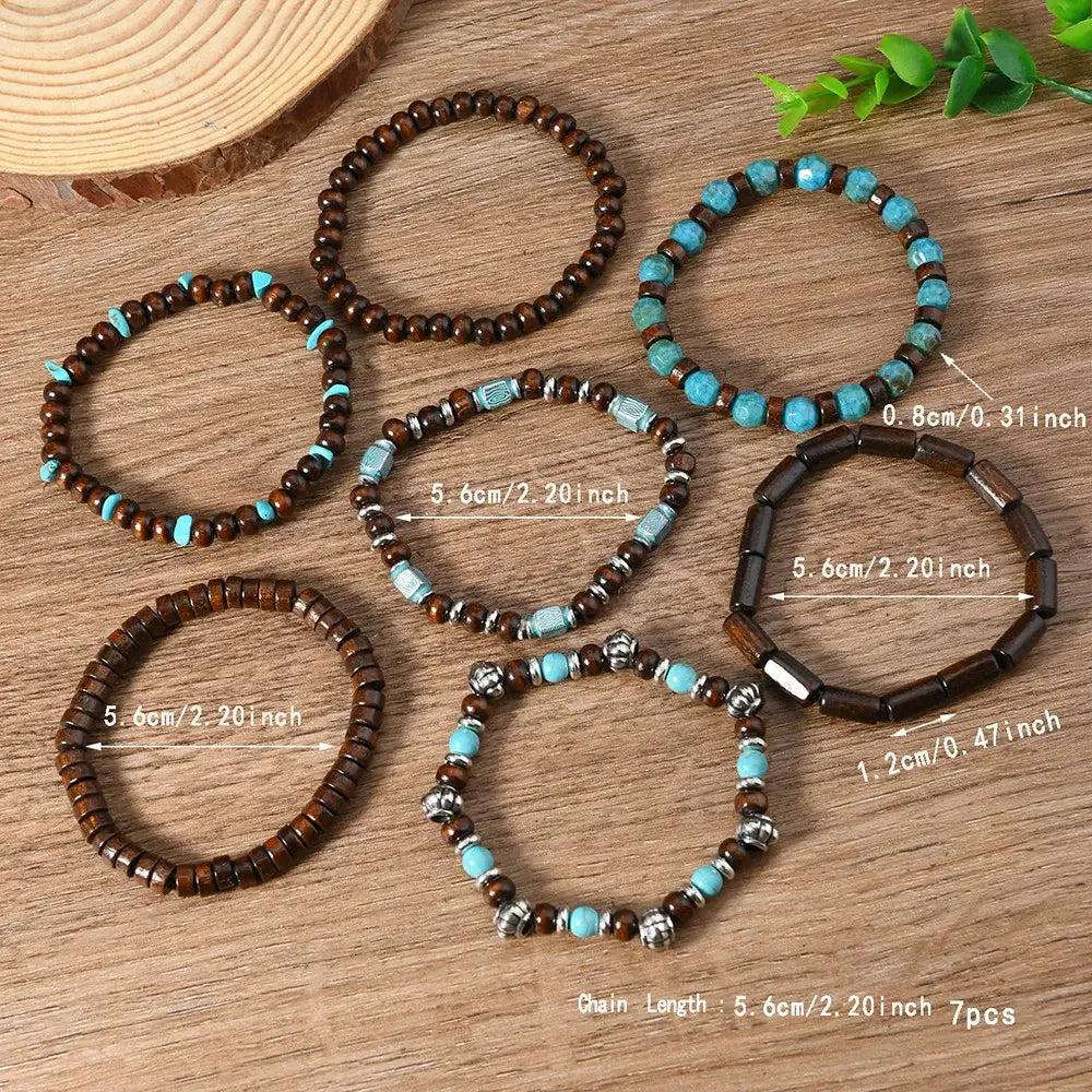 Western Bead Bracelets Bracelet Sets Turquoise Strand Bracelets 7 pcs - brown - Jewelry