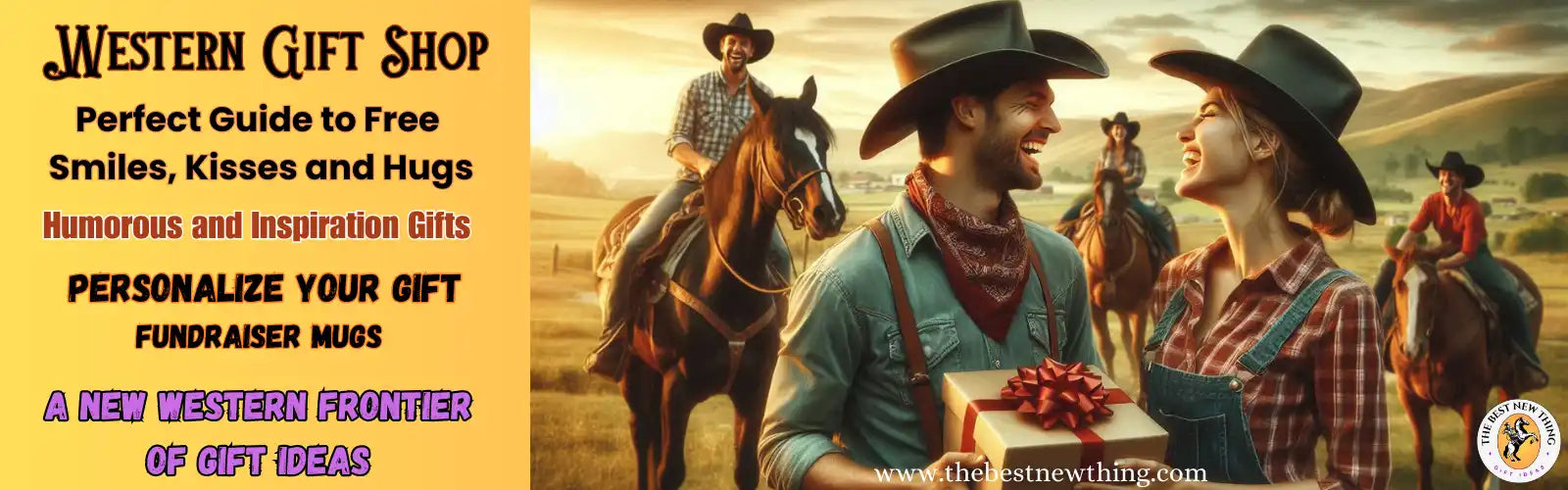 Western-themed gift shop advertisement with smiling cowboys and a gift.