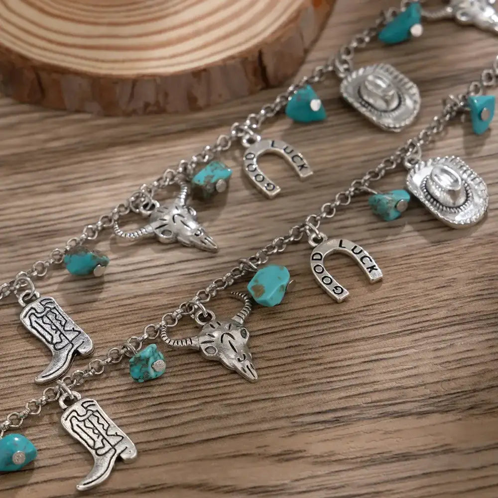 Western Turquoise Choker Necklace and Bracelet with a twist of Southwest Charms - Jewelry