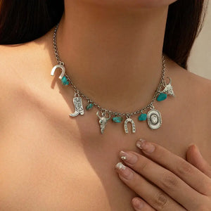 Western Turquoise Choker Necklace and Bracelet with a twist of Southwest Charms - Necklace - Jewelry