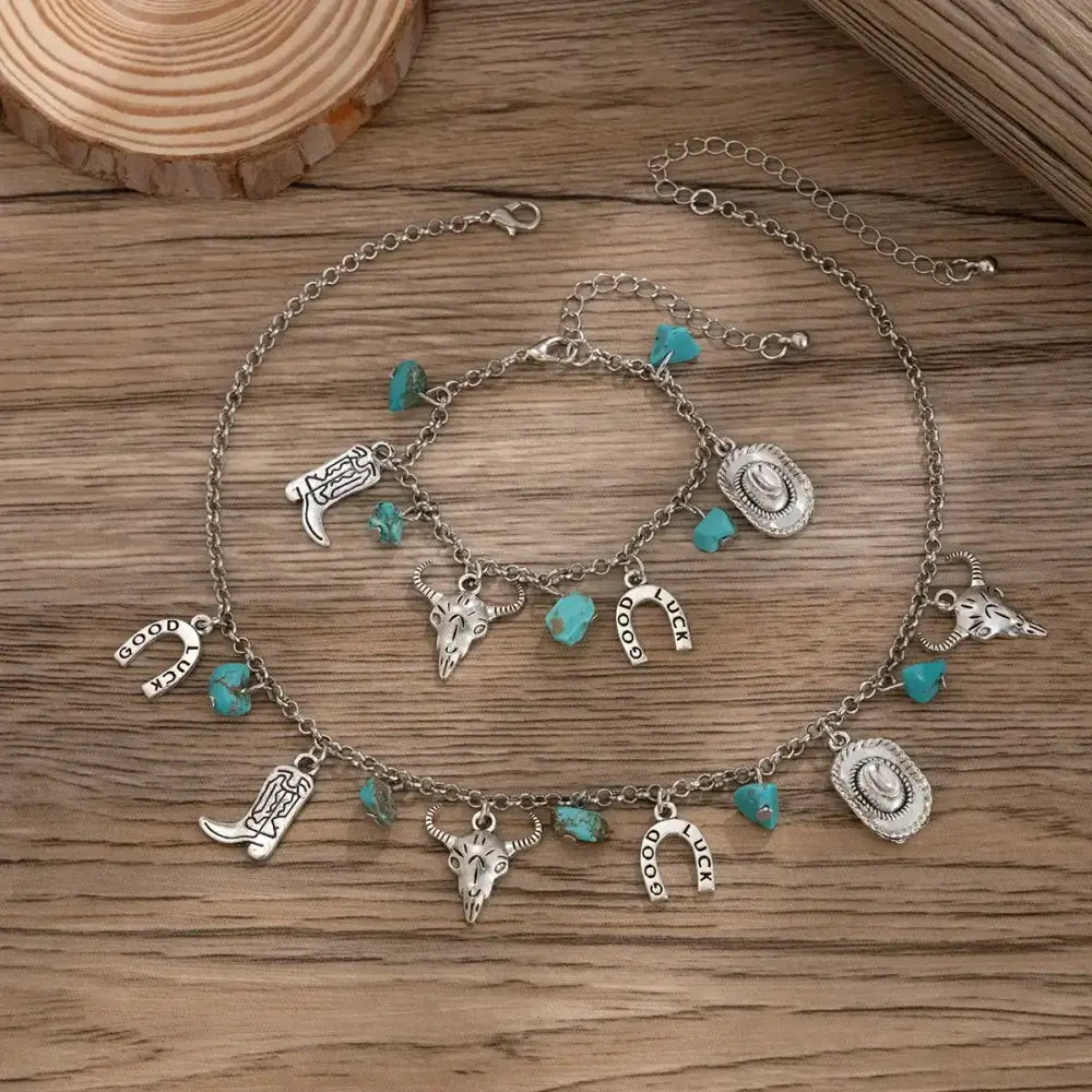 Western Turquoise Choker Necklace and Bracelet with a twist of Southwest Charms - Jewelry