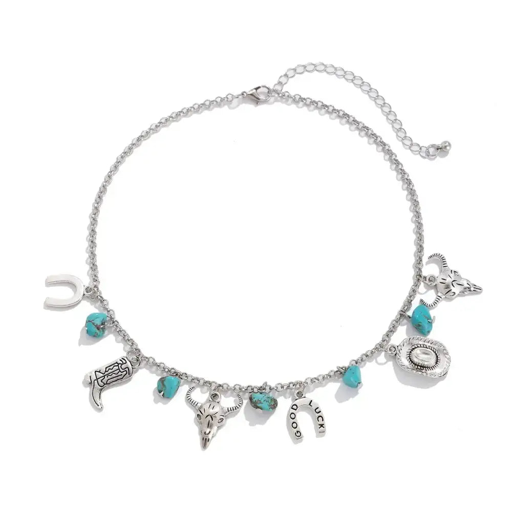 Western Turquoise Choker Necklace and Bracelet with a twist of Southwest Charms - Jewelry