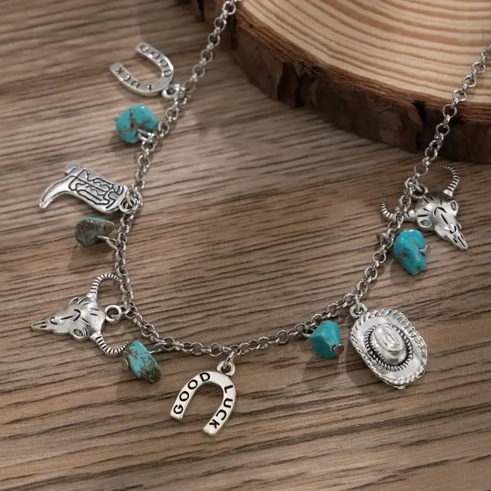 Western Turquoise Choker Necklace and Bracelet with a twist of Southwest Charms - Jewelry