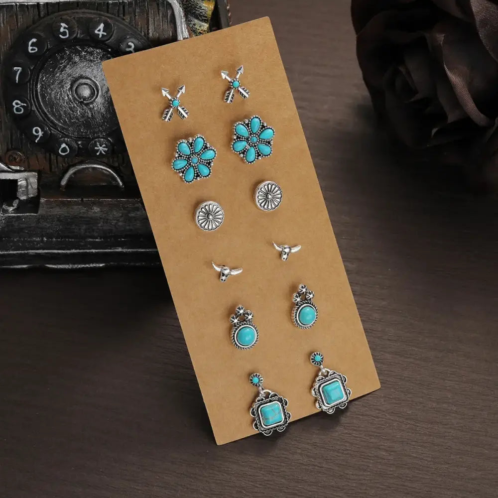 Western Turquoise Earrings Cowgirl Jewelry Earrings for Women 6 pair - XY-599 - Jewelry