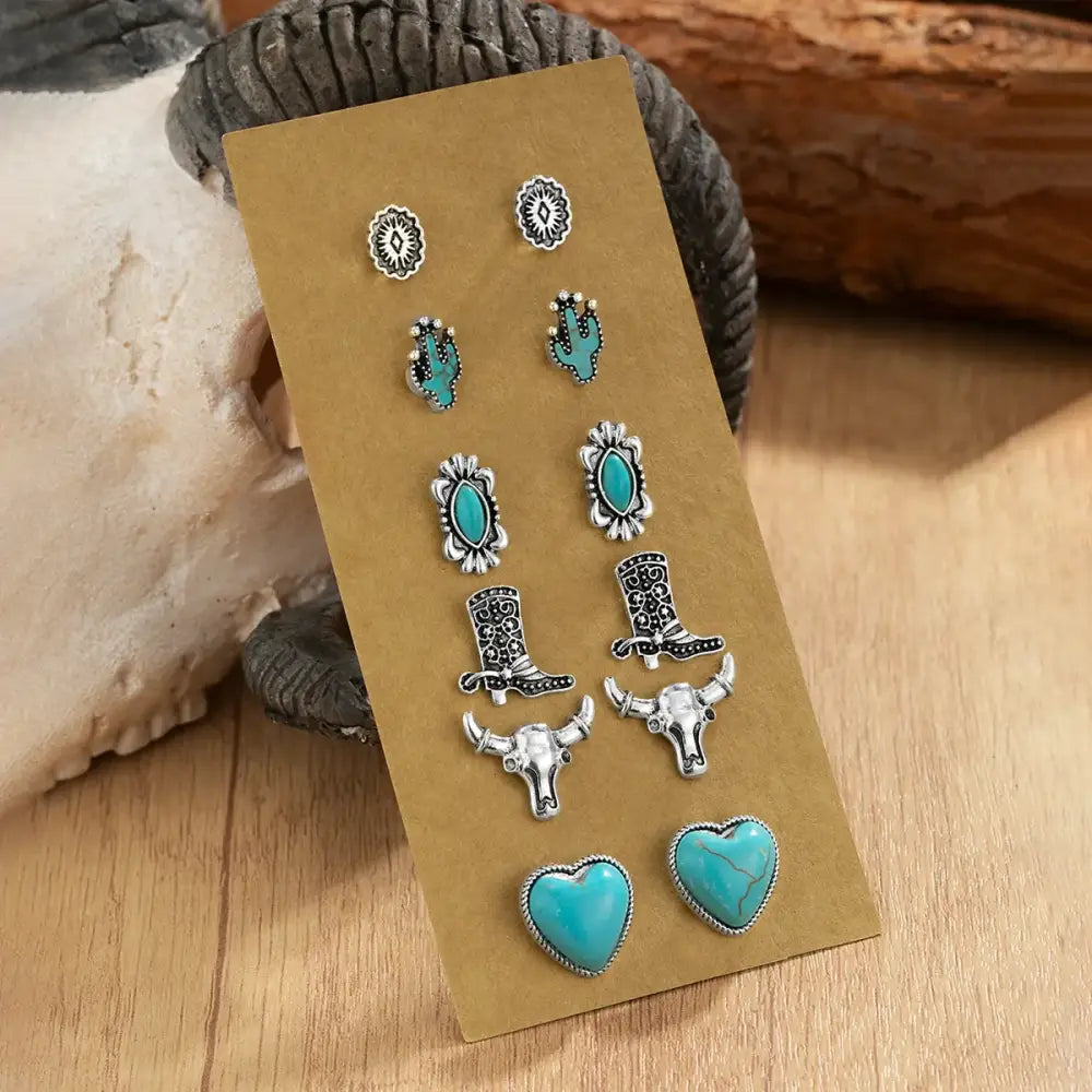 Western Turquoise Earrings Cowgirl Jewelry Earrings for Women 6 pair - XY-600 - Jewelry