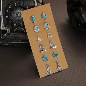 Western Turquoise Earrings Cowgirl Jewelry Earrings for Women 6 pair - XY-602 - Jewelry