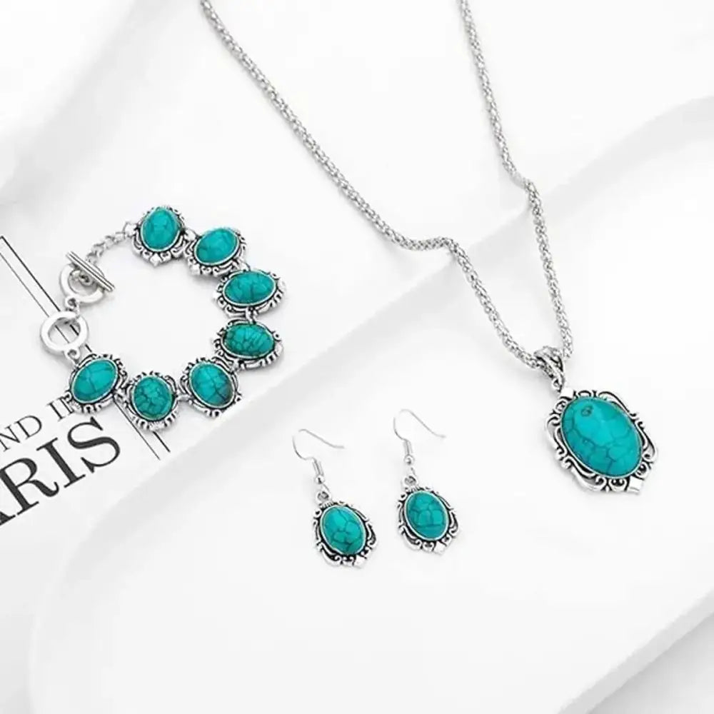 Western Vintage Turquoise Bracelet Necklace Earrings Set 3pcs Set - Blue - Jewelry