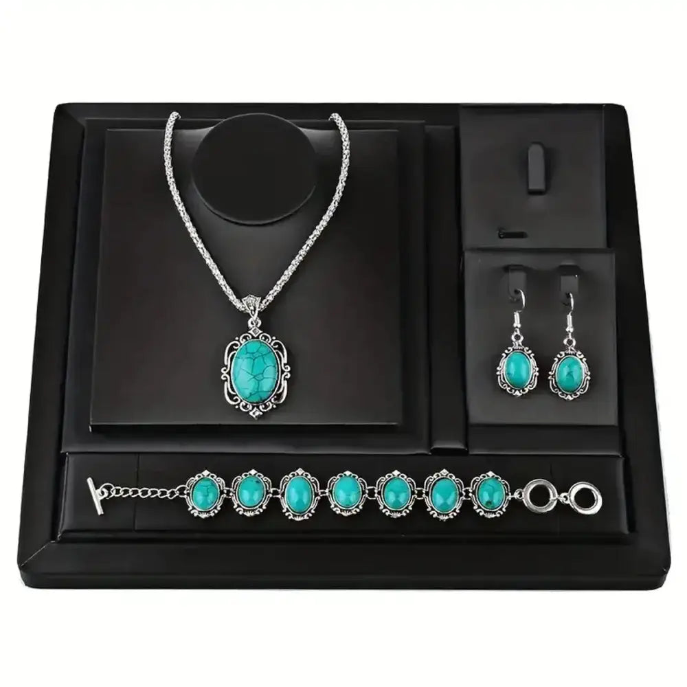Western Vintage Turquoise Bracelet Necklace Earrings Set 3pcs Set - Blue - Jewelry