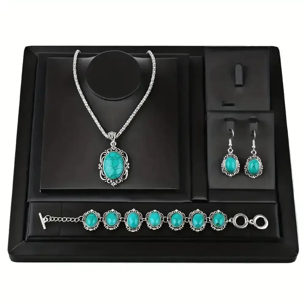 Western Vintage Turquoise Bracelet Necklace Earrings Set, 3pcs Set - The Best New Thing