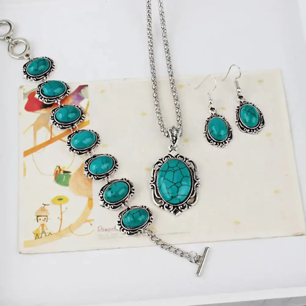 Western Vintage Turquoise Bracelet Necklace Earrings Set 3pcs Set - Blue - Jewelry