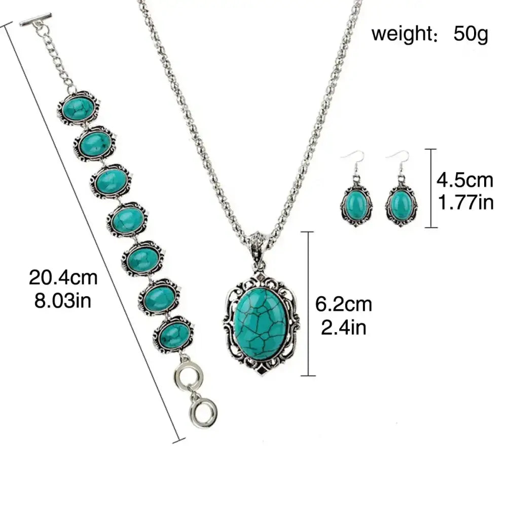 Western Vintage Turquoise Bracelet Necklace Earrings Set 3pcs Set - Blue - Jewelry