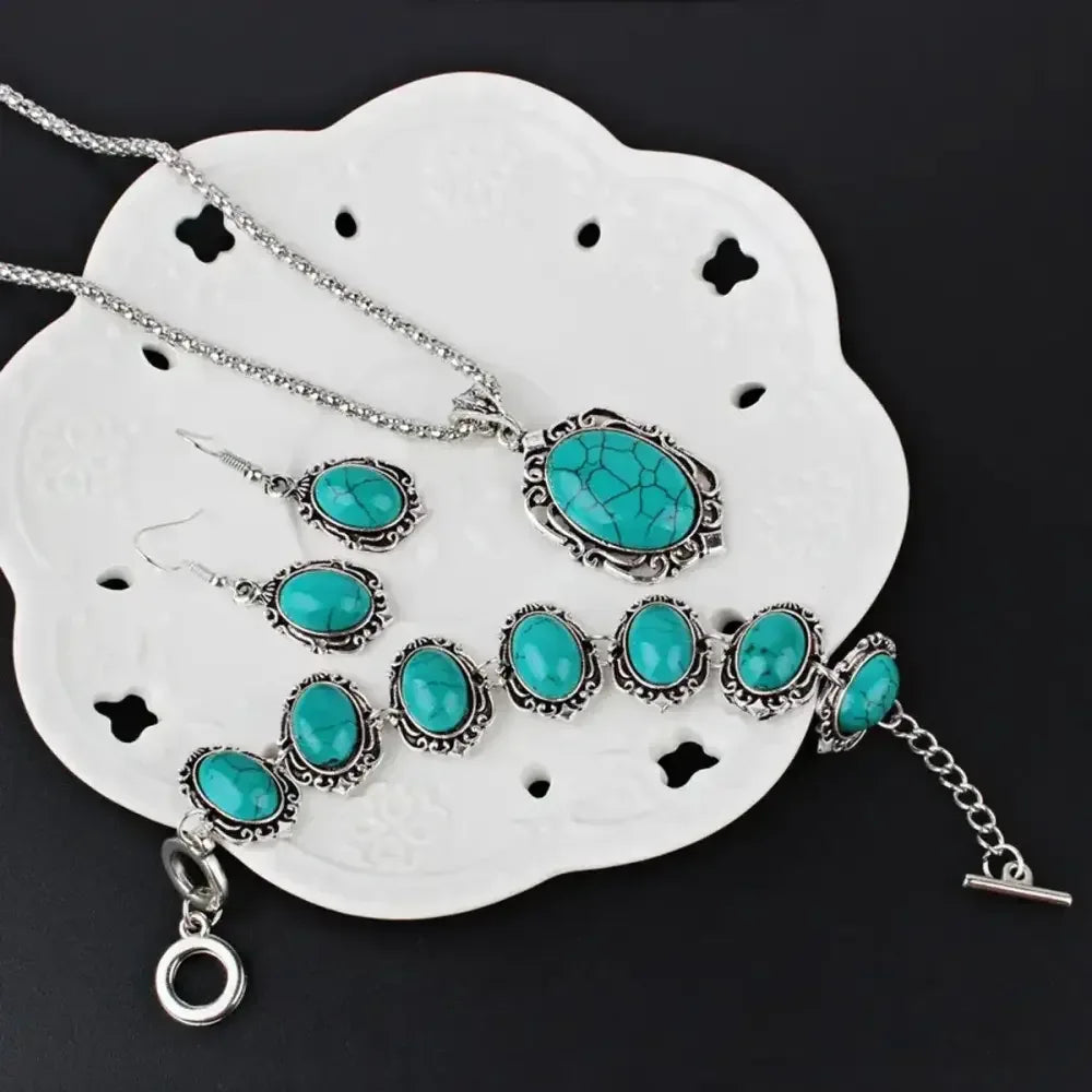 Western Vintage Turquoise Bracelet Necklace Earrings Set, 3pcs Set - The Best New Thing