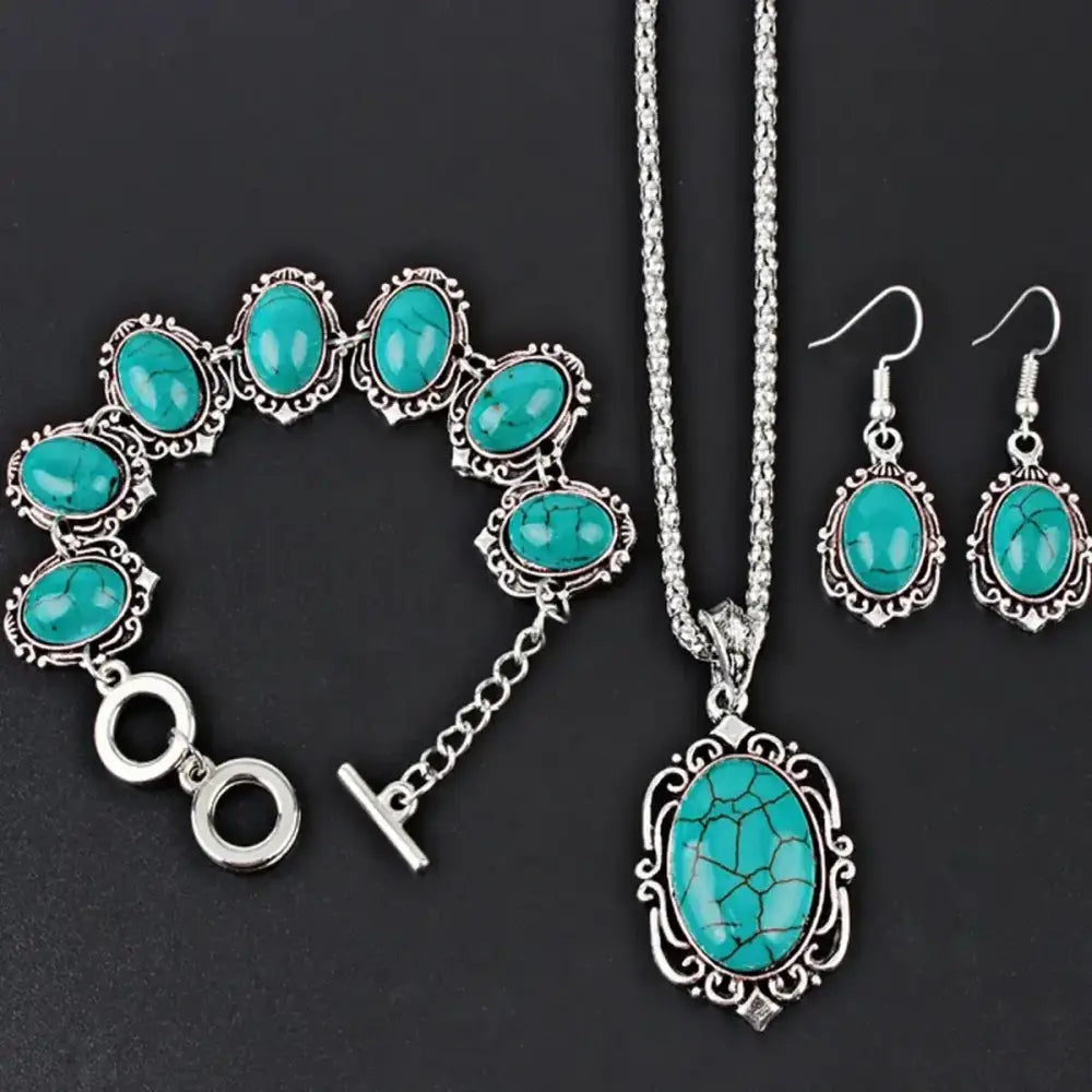 Western Vintage Turquoise Bracelet Necklace Earrings Set 3pcs Set - Blue - Jewelry