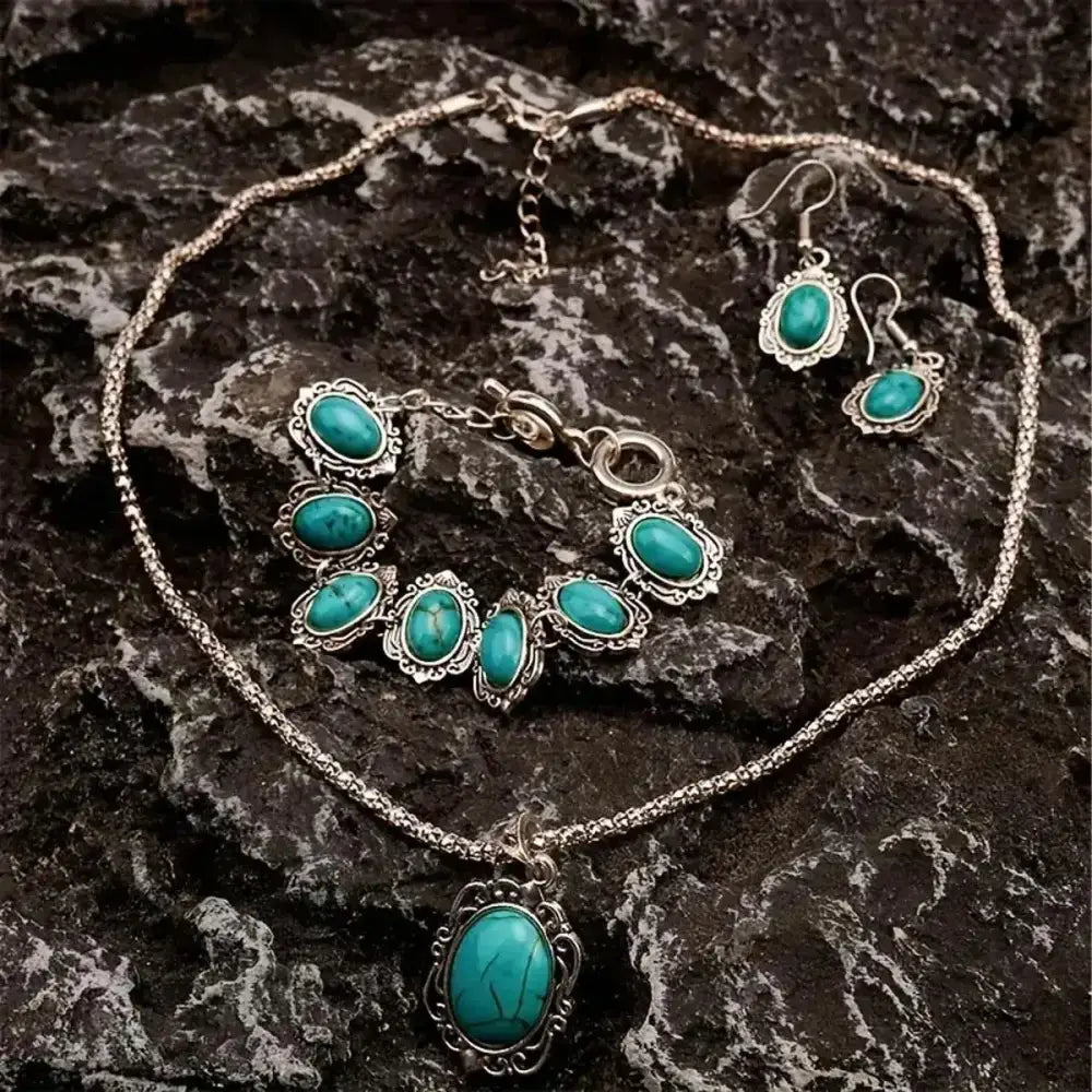 Western Vintage Turquoise Bracelet Necklace Earrings Set 3pcs Set - Blue - Jewelry