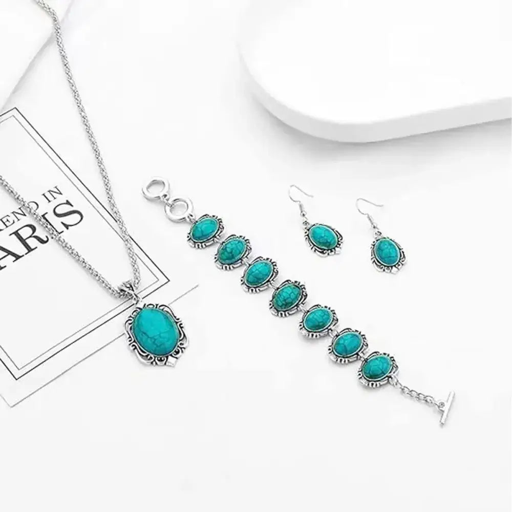 Western Vintage Turquoise Bracelet Necklace Earrings Set 3pcs Set - Blue - Jewelry