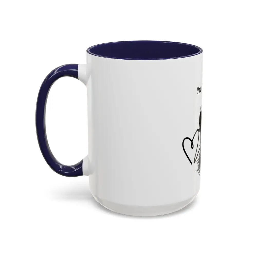 White and blue glossy coffee mug with black heart for horse lovers, 15oz