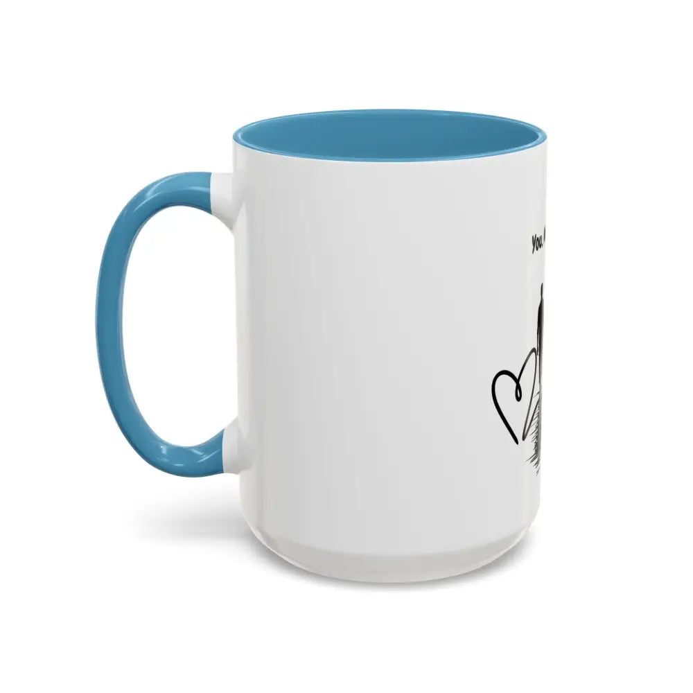 Blue and white ceramic coffee mug with black heart for horse lovers