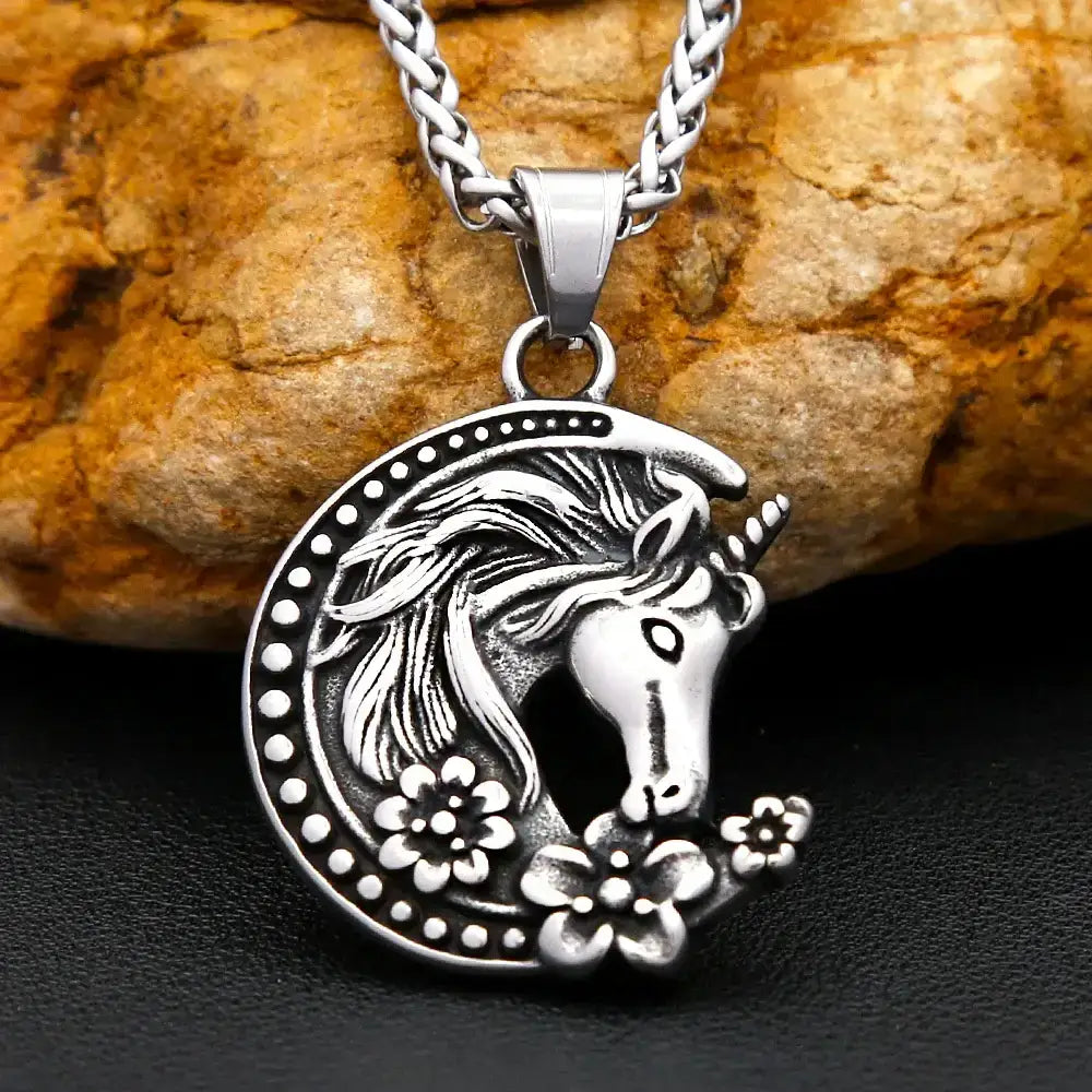 Youth Unicorn Necklace Stainless Steel Moon Pendant Necklace For Girls and Teens Horse Lovers - Jewelry
