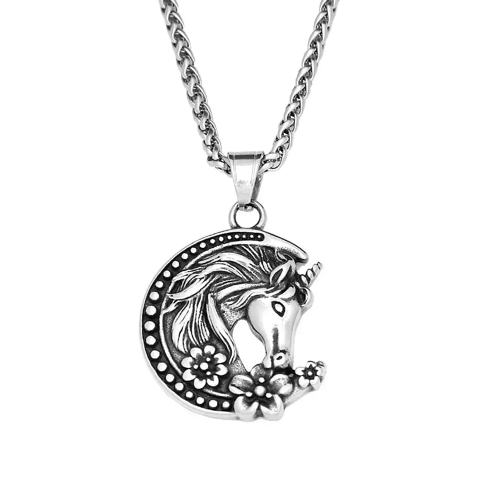 Youth Unicorn Necklace Stainless Steel Moon Pendant Necklace For Girls and Teens Horse Lovers - Style A-60cmChain